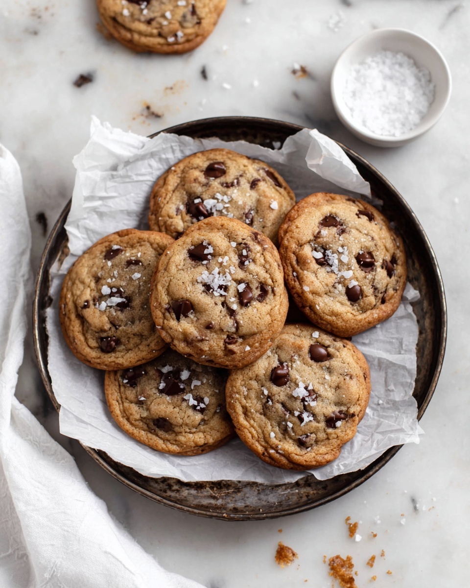 A small pile of seven round chocolate chip cookies with a golden brown color and soft texture, placed on white parchment paper inside a round dark metal tray. The cookies are sprinkled with flakes of coarse salt on top, showing visible shiny dark chocolate chips embedded in each cookie. The background features a white marbled surface with some crumbs and a small white bowl filled with coarse salt nearby, and a white cloth partially in view. Photo taken with an iphone --ar 4:5 --v 7