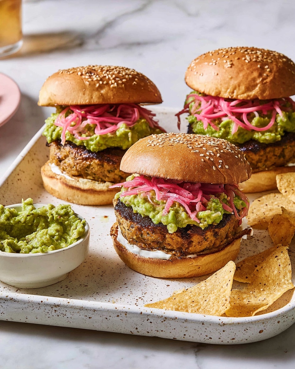 A close-up view of a sandwich on a white sesame seed bun, showing four layers: the bottom bun spread with a white creamy sauce, a thick, grilled meat patty with a slightly charred texture, a chunky green guacamole layer with a chunky texture, and a few thin pink pickled onion slices on top, with the top bun slightly lifted to the side. The sandwich sits on a white plate with some broken tortilla chips around it, all placed on a white marbled surface. photo taken with an iphone --ar 4:5 --v 7