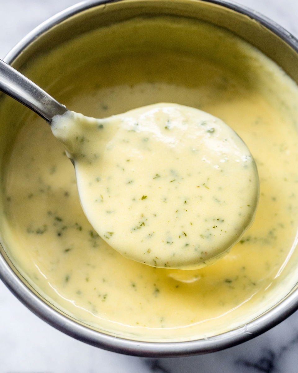 The image shows a close-up of a thick, creamy yellowish sauce with small green herb specks throughout, held by a metal ladle partially dipped in the sauce inside a metal bowl. The sauce looks smooth with a slightly glossy texture and even consistency, filling the bowl almost to the top. The background has a white marbled texture. photo taken with an iphone --ar 4:5 --v 7