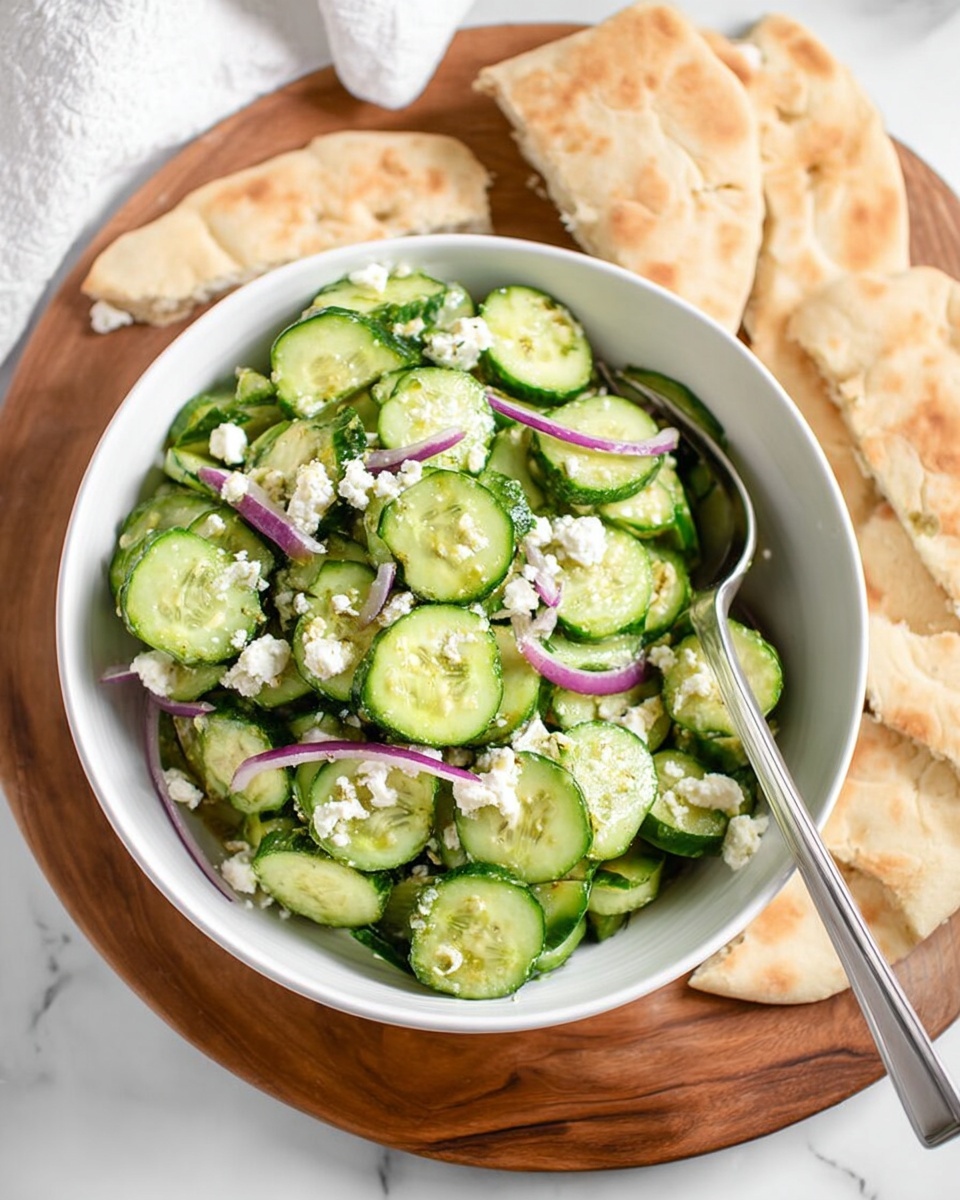 A white bowl filled with a fresh cucumber salad sits on a wooden round board. The salad has many thin green cucumber slices, small pieces of white cheese scattered on top, and thin slices of purple onion mixed in. Around the bowl, there are four pieces of light golden flatbread with a soft texture. A silver fork rests inside the bowl on the right side. The background has a white marbled texture. photo taken with an iphone --ar 4:5 --v 7