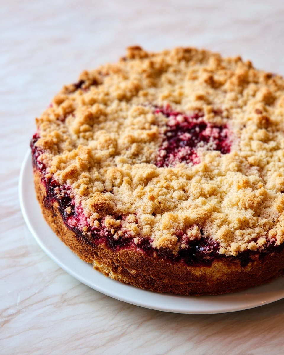 The image shows a round crumb cake on a white plate, placed on a white marbled surface. The cake has a thick, golden-brown crumb topping that covers most of the surface. In the center, there is a bright reddish-purple fruit filling that is slightly mixed into the crumb layer, providing a contrast in color and texture. The crumb topping looks crumbly and crunchy, with uneven small crumbs scattered across the top. The cake's sides are dark brown, showing a well-baked crust. Photo taken with an iphone --ar 4:5 --v 7