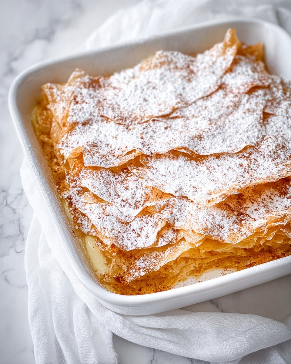 A white square baking dish holds a layered dessert with several thin, crispy golden brown sheets of pastry stacked unevenly on top of each other, creating a textured surface. The top layer is dusted heavily with white powdered sugar and lightly sprinkled with a fine layer of cinnamon, giving a contrast between the white and warm brown shades. The dish is set on a white marbled surface with a soft white cloth nearby. photo taken with an iphone --ar 4:5 --v 7
