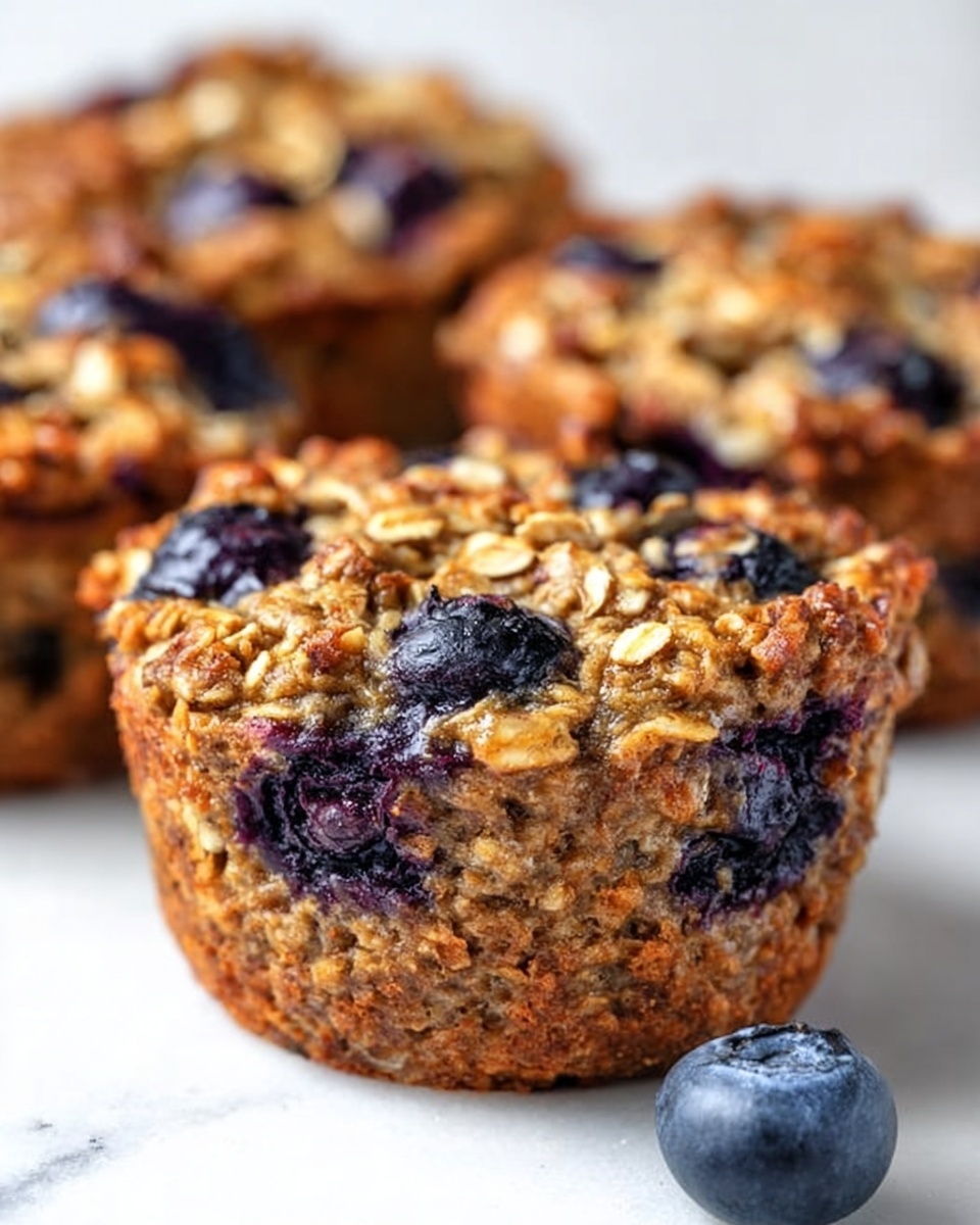 The image shows close-up oat muffins with a rough texture of oats and whole blueberries visible on top and mixed throughout. Each muffin has a golden-brown outer layer of baked oats with darker purple-blue blueberries embedded and some shiny spots from natural juices. The muffins sit on a white marbled surface with soft natural light highlighting their moist, textured tops, and a single blueberry rests beside them in the foreground. Photo taken with an iphone --ar 4:5 --v 7