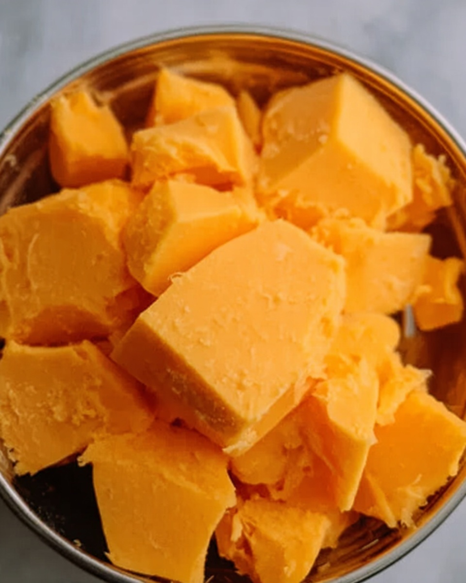This image shows a close-up of a silver bowl filled with soft, broken pieces of bright orange cheese. The cheese pieces vary in size and shape, some are chunky while others look crumbly, filling the bowl almost to the top. The texture of the cheese looks smooth but slightly crumbly, and the bowl is placed on a white marbled surface. photo taken with an iphone --ar 4:5 --v 7