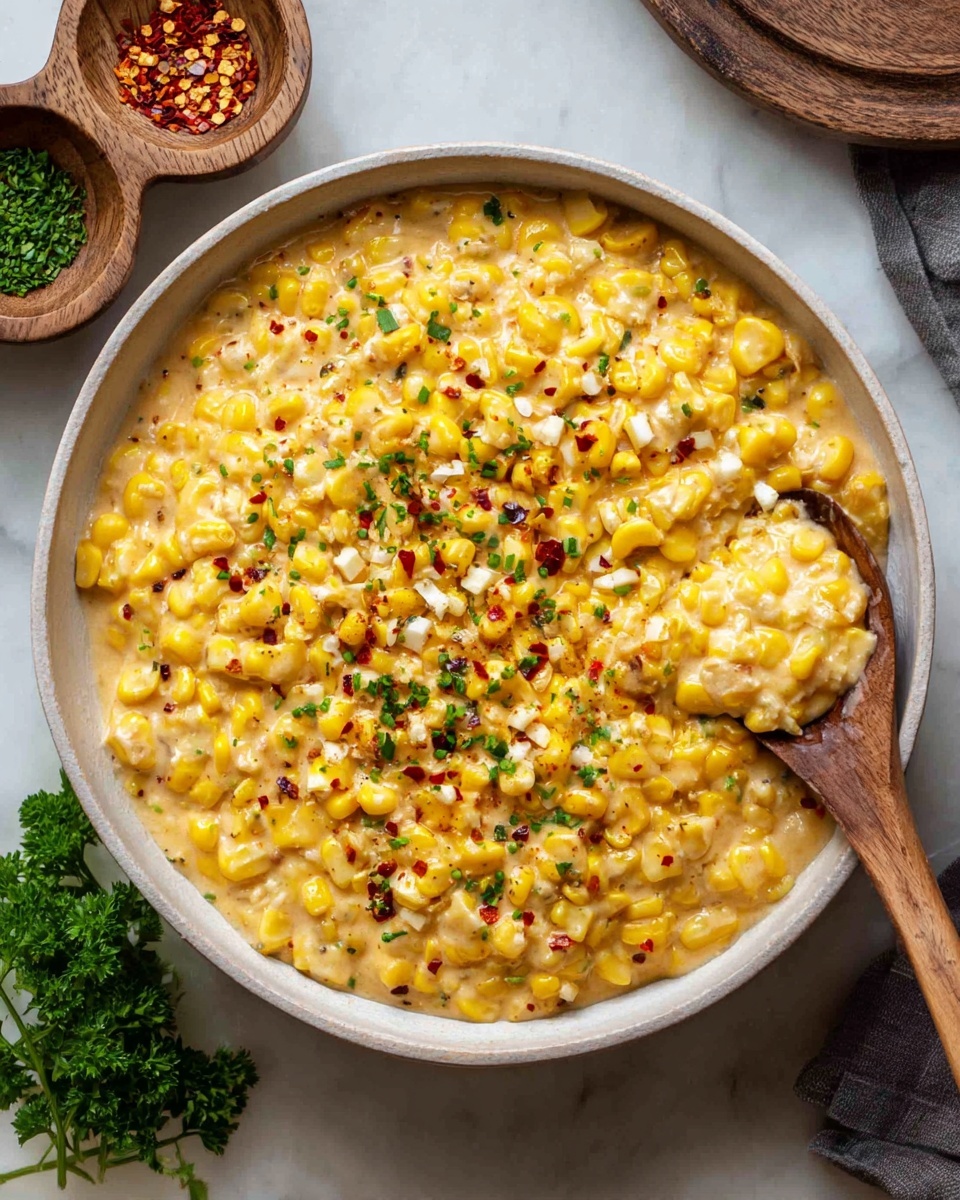 A close-up view of a bowl filled with creamy corn, showing one wooden spoon scooping the mixture. The dish has two main layers: bright yellow corn kernels mixed with a white creamy sauce that has small green and red seasoning bits scattered throughout. The corn looks soft and mixed well with the sauce, and the bowl is on a white marbled surface. In the background, there are bowls with similar creamy corn and red seasonings slightly out of focus, giving depth to the image. Photo taken with an iphone --ar 4:5 --v 7