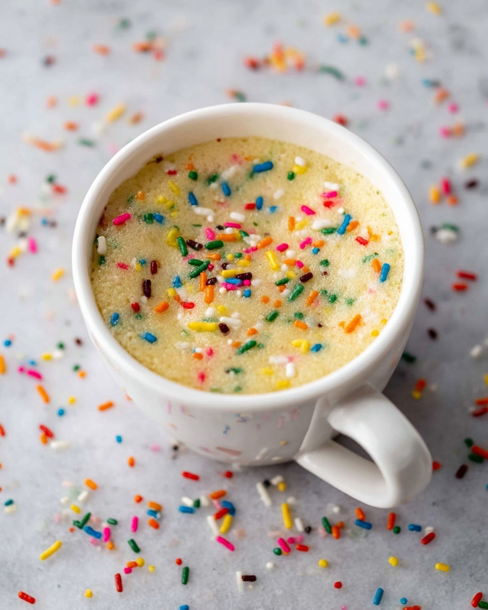 A white mug filled with a light yellow cake with colorful sprinkle bits mixed inside, showing a soft and fluffy texture. On top of the cake, there is a smooth layer of pale pink frosting. A silver spoon is lifting a bite of the cake and frosting, held by a woman's hand, revealing the moist crumb with sprinkles inside. The background is a soft white marbled texture with a blurry pink object in the back. photo taken with an iphone --ar 4:5 --v 7