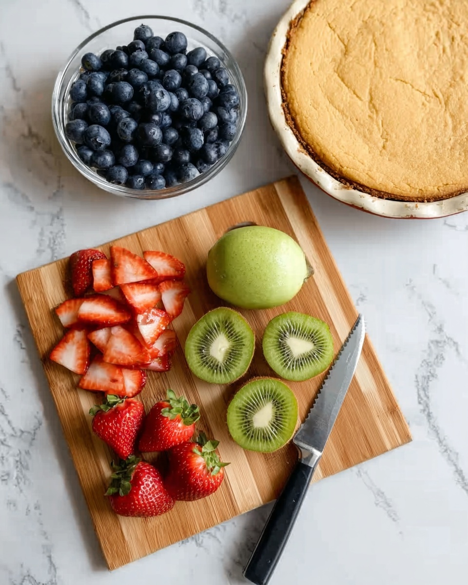 This image shows a wooden cutting board on a white marbled surface, with a black knife placed on the right side of the board. On the board are slices of strawberries arranged in a small pile on the left, a whole kiwi fruit in the center, and a sliced kiwi with its green flesh visible on the right. To the upper left of the board is a small clear glass bowl filled with fresh blueberries. Above the bowl and cutting board, there is a white pie dish with a golden brown crust. photo taken with an iphone --ar 4:5 --v 7