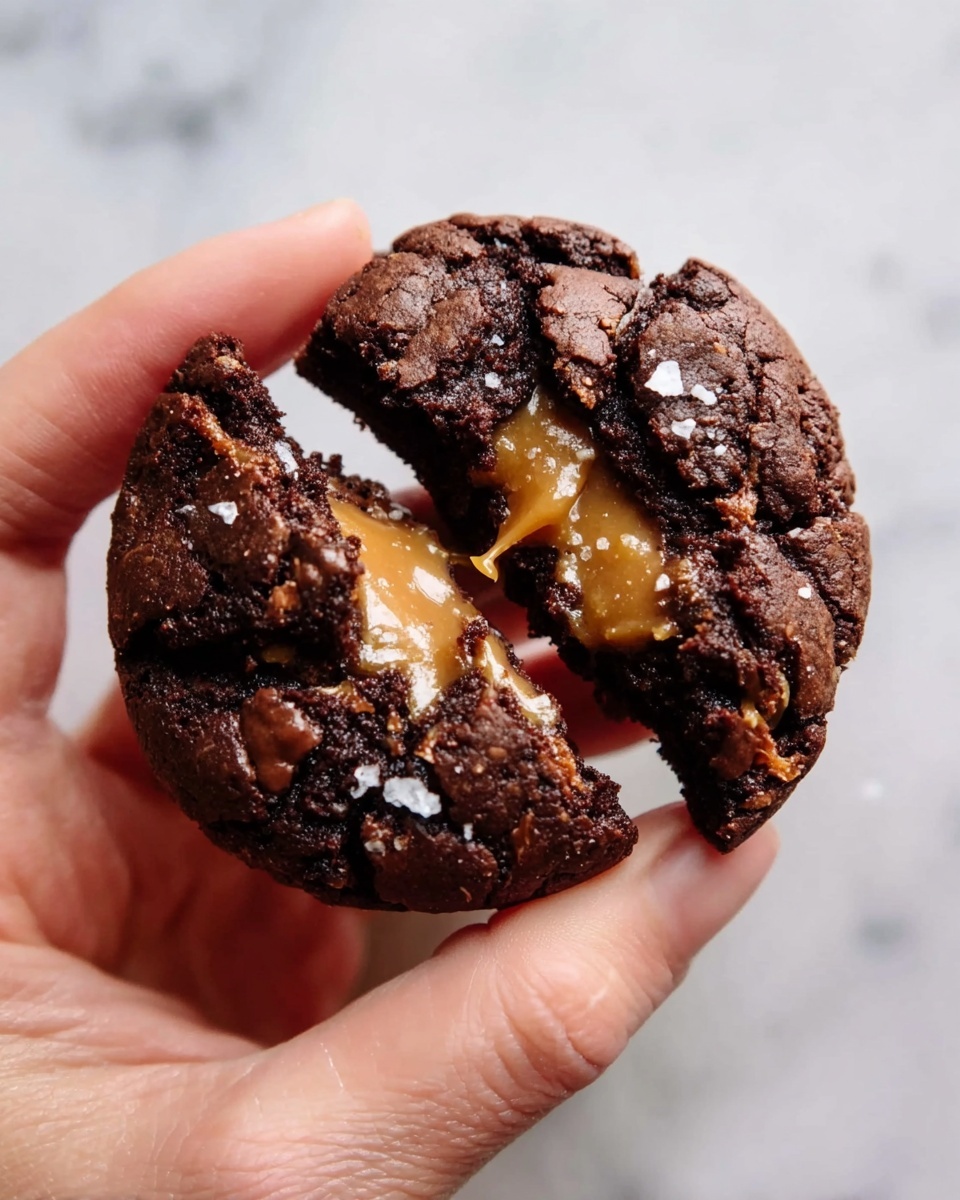 A close-up image shows a woman's hand breaking a round chocolate cookie into two halves. The cookie is dark brown with a rough, cracked texture on the outside, and salt flakes scattered on the surface. Inside, a creamy light brown caramel filling stretches and oozes between the broken pieces. The background is a white marbled texture. photo taken with an iphone --ar 4:5 --v 7