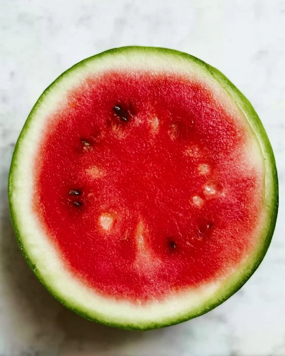 A close-up image shows a single large round slice of watermelon placed on a white marbled surface. The watermelon slice has a thick outer green rind, with a thin white layer just inside it. The main inner part is bright red with scattered dark brown seeds, creating a rough texture. The image focuses on the vivid colors and juicy look of the watermelon slice. Photo taken with an iphone --ar 4:5 --v 7