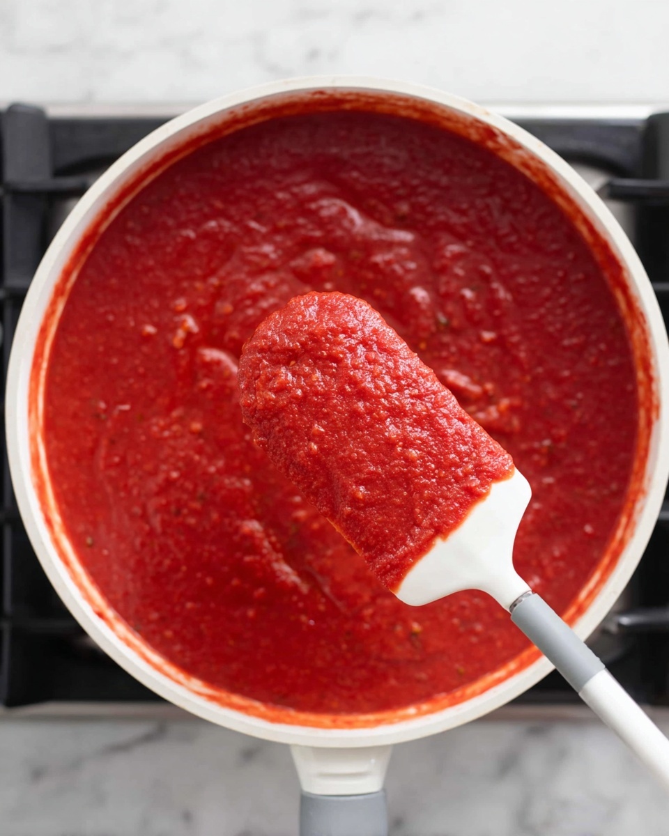 A close-up view of a white pot filled with thick red sauce with a smooth but slightly textured surface. A white spatula is lifted above the pot, covered in the same vibrant red sauce, showing its thick consistency. The pot is placed on a black stove surrounded by a white marbled surface. The sauce looks rich and dense, with small bubbles visible on the surface to show it is cooked. The handle of the pot is grey, and the spatula handle is white. photo taken with an iphone --ar 4:5 --v 7