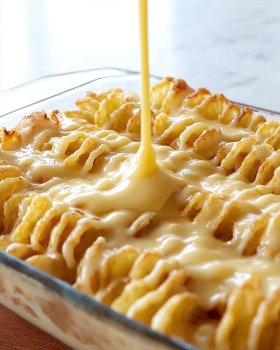 The image shows a close-up view of a glass baking dish filled with several rows of curly, waffle-cut potato slices arranged flat and tightly packed. A smooth, creamy yellow sauce is being poured evenly over the top of the potato layers, covering them with a shiny, thick texture. The sauce drapes down into the grooves of the potatoes, creating small pools in the crevices. The dish is set on a white marbled surface with soft natural light shining from the top left side. photo taken with an iphone --ar 4:5 --v 7