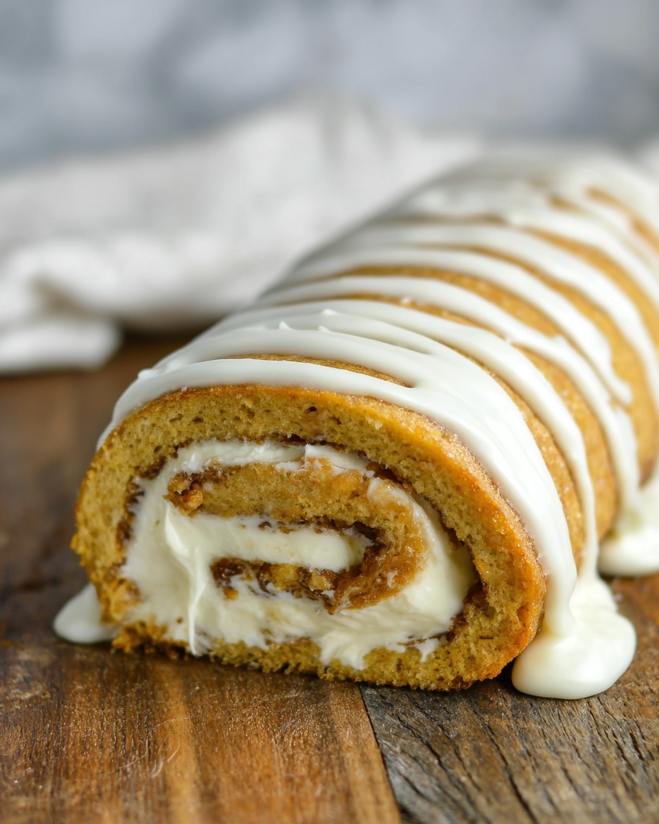A close-up view of a rolled cake with a light brown color and a soft texture. The cake is filled with a thick layer of creamy white frosting visible inside the spiral and slightly dripping out. On top of the cake are smooth lines of white icing, added evenly across its length. The cake sits on a wooden surface, with a white marbled texture in the background and a white cloth blurred behind. The focus is mostly on the front part of the rolled cake, showing the details of the layers and icing clearly. photo taken with an iphone --ar 4:5 --v 7
