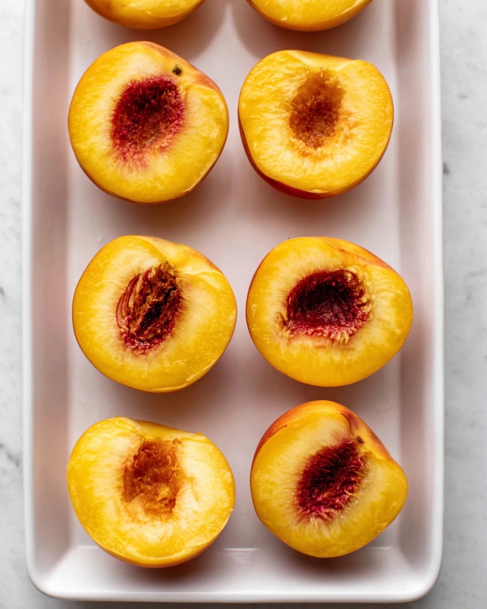 The image shows eight peach halves arranged in two vertical columns on a white baking tray. Each peach half is golden yellow with a slightly reddish blush near the seed cavity, which appears hollowed out and browned from roasting or baking. The peach skin is light orange and soft-looking, smoothly curving around the edges of the halves. The white baking tray contrasts with the warm colors of the peaches, set on a white marbled surface. photo taken with an iphone --ar 4:5 --v 7