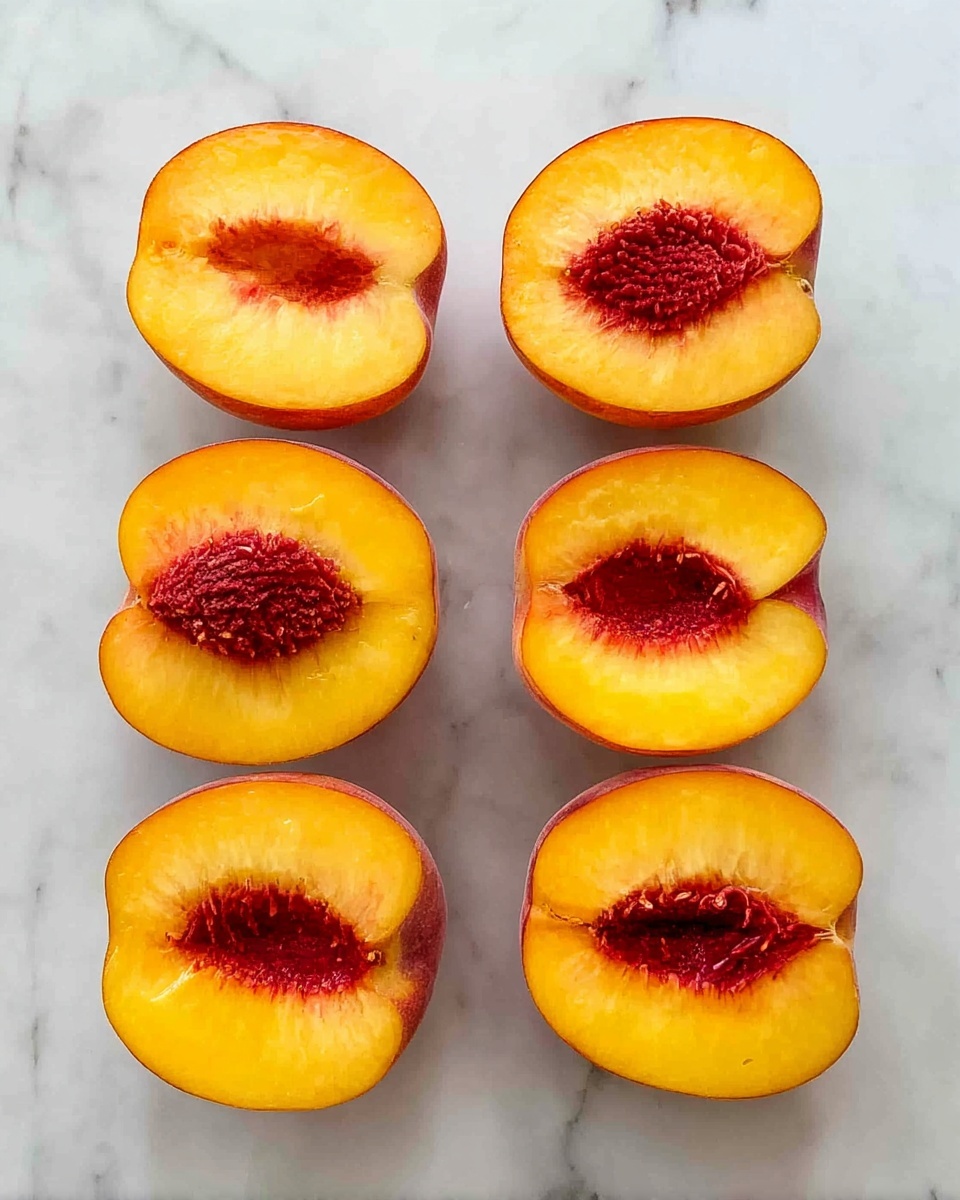 The image shows eight peach halves neatly arranged in two rows on a white marbled surface. Each peach half is cut to reveal a bright yellow-orange flesh with a deep red center where the pit was removed. The cut sides face upward, showing the fleshy texture with slight juiciness and natural color gradients from yellow near the edges to red in the middle. The skin of the peaches is a mix of orange and reddish hues, with a smooth, soft texture. photo taken with an iphone --ar 4:5 --v 7