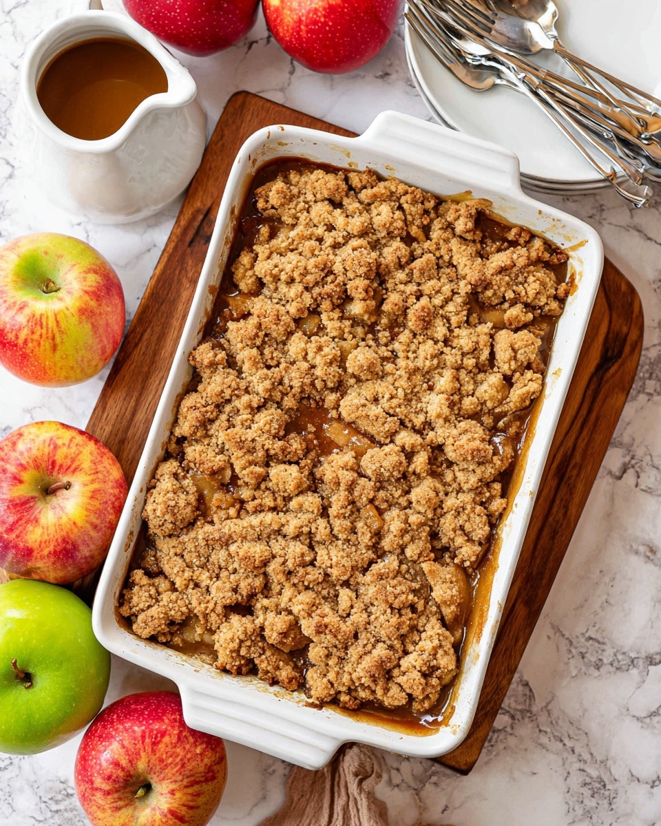 A white rectangular baking dish filled with an apple crumble, showing a golden brown crumbly topping made of rough, uneven pieces, lightly browned and textured, covering a bubbling, dark caramelized apple filling just visible around the edges. The dish sits on a wooden board, surrounded by whole red and green apples, a white ceramic jug with caramel sauce, and a stack of white plates with silver cutlery on a white marbled surface. photo taken with an iphone --ar 4:5 --v 7