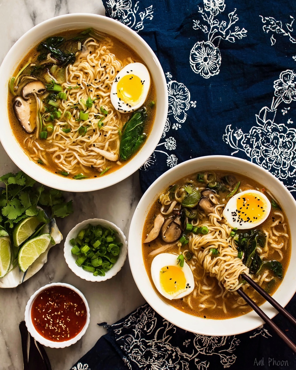 The image shows a white bowl filled with ramen soup placed on a white marbled surface with a blue cloth underneath. The soup has layers starting with a golden-brown broth, then yellow wavy noodles sitting inside. On top, there is a halved soft-boiled egg with a bright orange yolk and white edges, garnished with black and white sesame seeds. Cooked green leafy vegetables and chopped green onions are placed on one side, while some cilantro leaves add green color near the front. Dark wooden chopsticks rest on the bowl's edge. In the background, there is another similar bowl, a small white dish with red sauce, and green herbs. photo taken with an iphone --ar 4:5 --v 7