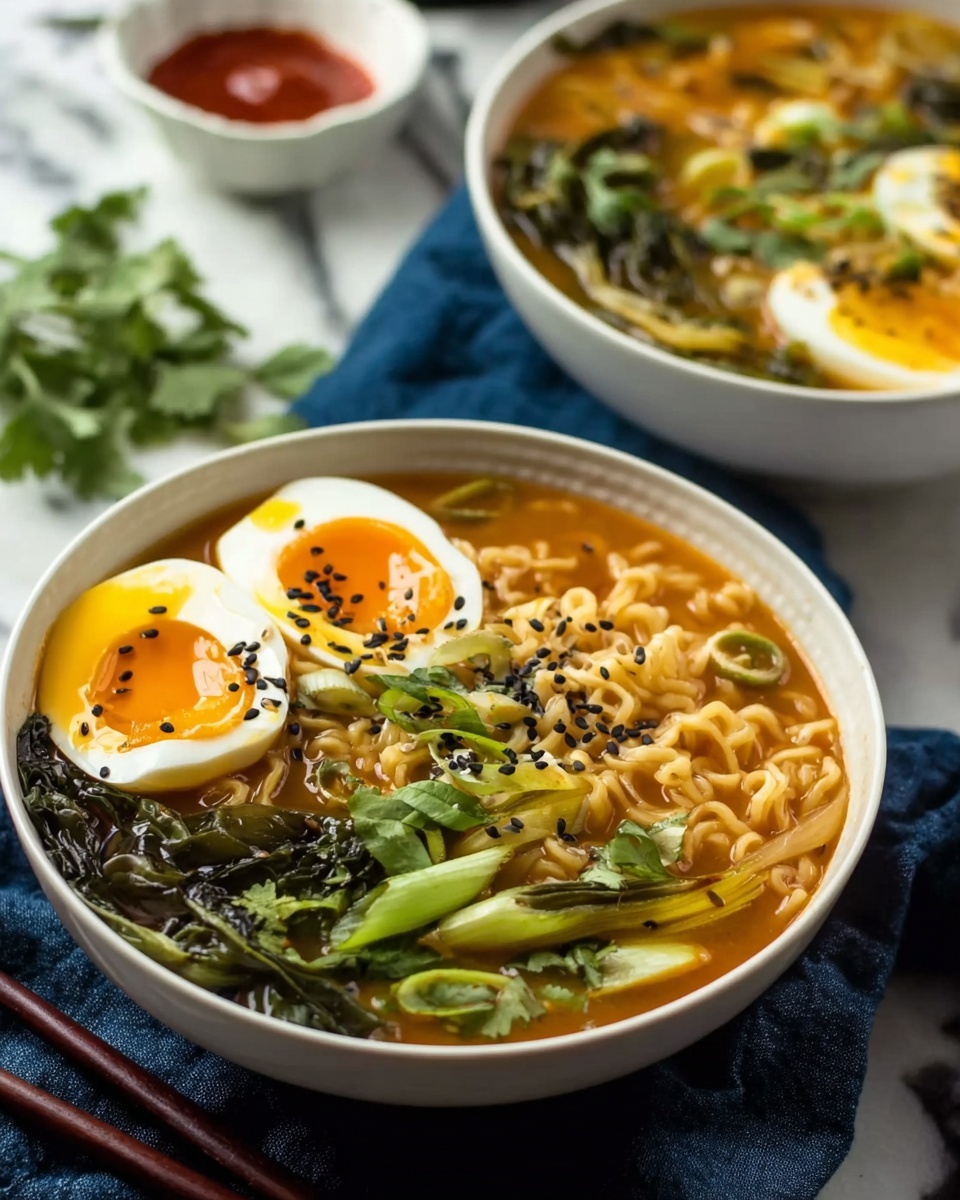 Two white bowls of noodle soup sit on a white marbled surface with a dark blue cloth with white floral patterns under the top right bowl. Each bowl has three main layers visible: a base of light brown broth, a middle layer of yellowish noodles tangled throughout, and a top layer containing half a soft boiled egg with a bright yellow yolk sprinkled with black sesame seeds, green leafy vegetables, sliced light brown mushrooms, and green onion pieces. Dark chopsticks rest inside each bowl, lifting some noodles. On the surface near the bowls are small white dishes holding red chili sauce and chopped green onions, with fresh cilantro and lime halves nearby. photo taken with an iphone --ar 4:5 --v 7