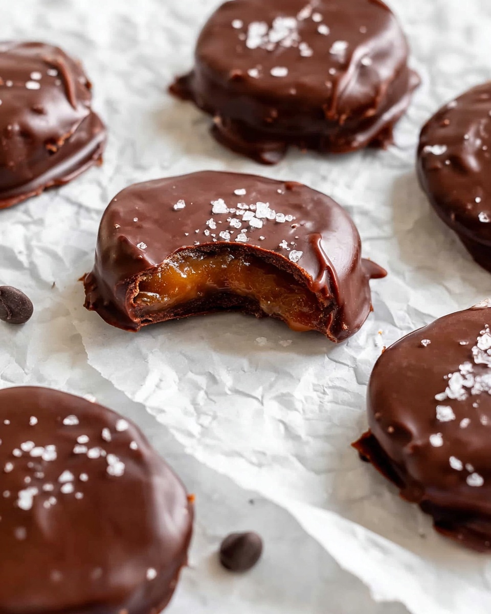 The image shows several round chocolate-covered treats placed on crumpled white parchment paper on a white marbled surface. Each treat has two layers: a glossy dark chocolate top layer with a slightly uneven surface and a visible inner layer with a rich caramel color peeking out from under the chocolate. One treat in the center has a bite taken out, exposing the chewy caramel middle and the chocolate coating around it. Small flakes of sea salt scatter over the chocolate tops and a few chocolate chips are scattered around the treats. The lighting highlights the shiny texture of the chocolate and the soft texture of the caramel inside photo taken with an iphone --ar 4:5 --v 7