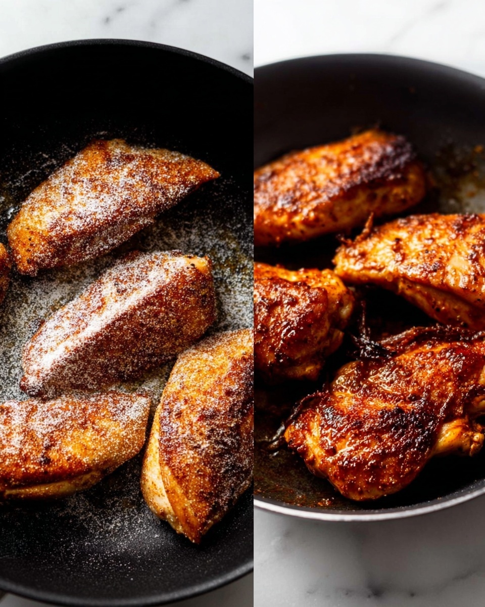 A black pan holds four raw chicken pieces coated with light brown spices and a dusting of white flour on their surfaces. The pan rests on a white marbled surface. The right side shows the same chicken pieces now cooked to a dark golden brown with a slightly charred, crispy texture and seasoning visible on the surface. The cooked chicken pieces look juicy and well spiced, arranged closely together in the black pan. The photo taken with an iphone --ar 4:5 --v 7