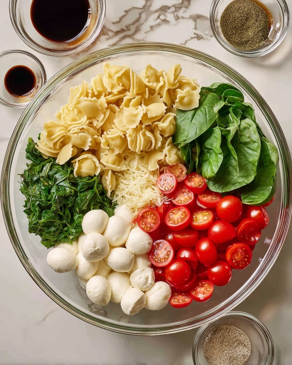 A clear glass bowl contains layers of fresh ingredients arranged separately: at the top center, pale yellow filled pasta with crinkled edges; to the left, bright green chopped fresh spinach; below the spinach, small white mozzarella balls; at the bottom right, bright red halved cherry tomatoes; next to the tomatoes, finely chopped fresh basil leaves; in the middle, a small pile of minced garlic. Around the bowl, small glass bowls hold dark brown balsamic vinegar, white salt, and black pepper. Everything sits on a white marbled surface. Photo taken with an iphone --ar 4:5 --v 7