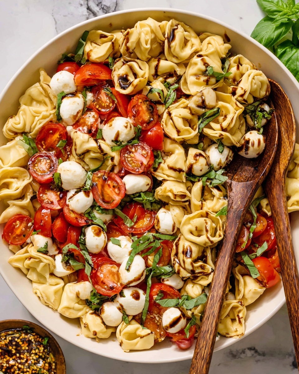 A close-up view of a white bowl filled with three layers: the bottom layer shows folded yellow tortellini pasta with a soft texture, the middle layer has bright red halved cherry tomatoes scattered evenly, and the top layer features fresh dark green chopped basil leaves and small white mozzarella balls with a slight golden glaze from balsamic dressing. A wooden spoon with a smooth surface rests on the left side of the bowl, partially covered by the pasta and other ingredients. The dish is set on a white marbled surface, and the lighting highlights the freshness and shiny textures. photo taken with an iphone --ar 4:5 --v 7