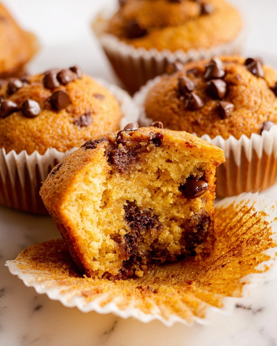 The image shows soft, golden brown muffins with chocolate chips on top. One muffin in the middle is open, showing its moist, crumbly texture with chocolate chips inside, while two whole muffins are visible behind it. The muffins sit on white paper liners that have a slight crinkle, all placed on a white marbled surface. The lighting is warm and natural, highlighting the textures and chocolate details clearly. photo taken with an iphone --ar 4:5 --v 7