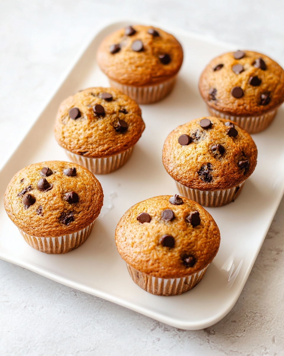 Six chocolate chip muffins are placed on a white rectangular plate with soft rounded edges. Each muffin is golden brown with a slightly textured surface and is topped with several shiny dark brown chocolate chips scattered unevenly. The muffins have a slightly domed shape and smooth sides with lighter paper liners visible at the base. The plate sits on a white marbled textured surface, and soft natural light brightens the scene from above, making the chocolate chips glisten. photo taken with an iphone --ar 4:5 --v 7