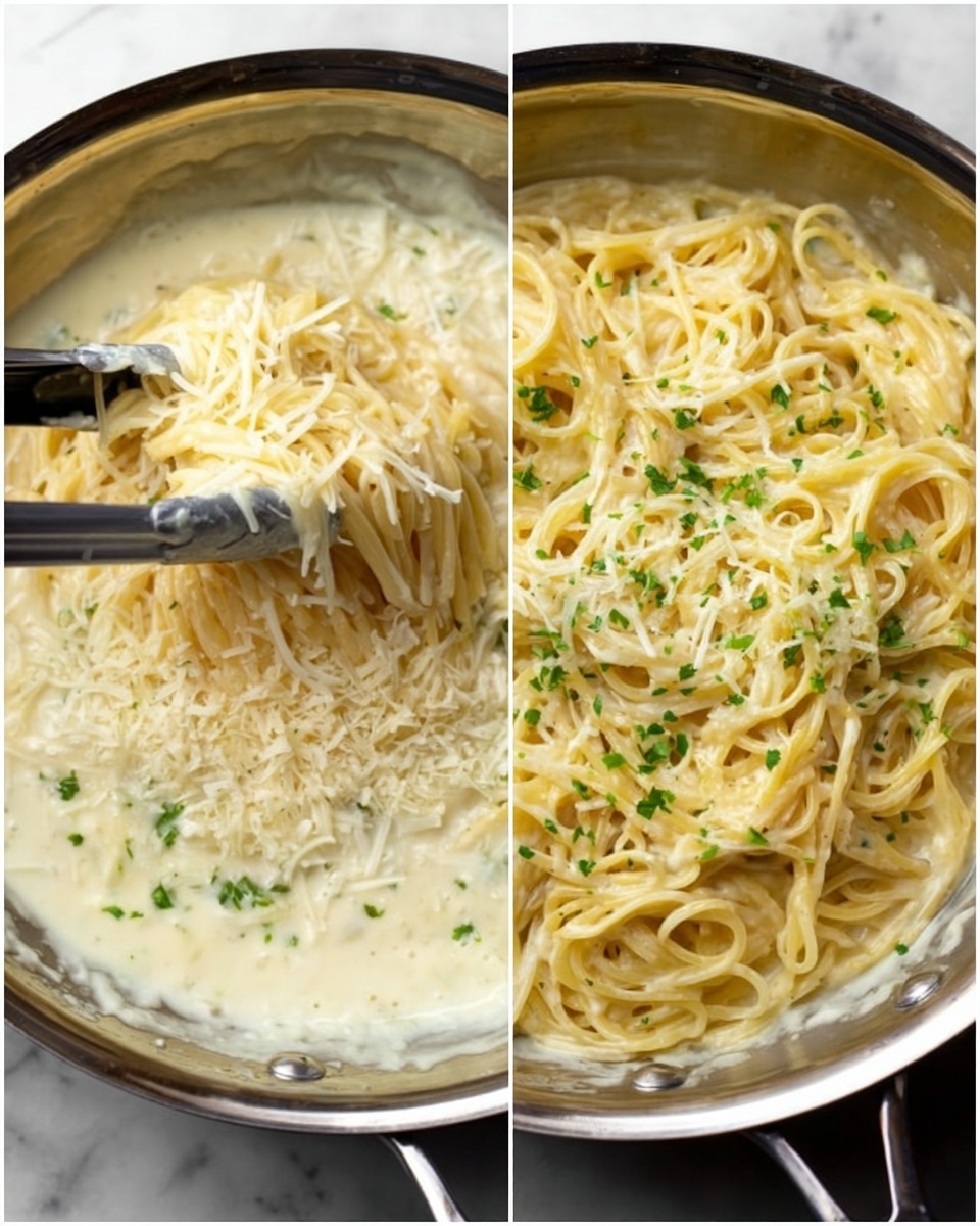 The image shows two close-up views of a skillet with spaghetti pasta being mixed in a creamy white sauce. In the left part, the pasta is being lifted and mixed with a spoon and tongs, and there is a layer of grated pale yellow cheese sprinkled on top of the creamy sauce. The pasta looks soft and coated in the sauce, which is smooth and thick. On the right side, the pasta is fully mixed, showing small bright green chopped herbs scattered on top, adding color contrast. The skillet has a shiny metal rim and sits on a white marbled surface. The lighting is soft, highlighting the texture of the pasta and sauce. photo taken with an iphone --ar 4:5 --v 7