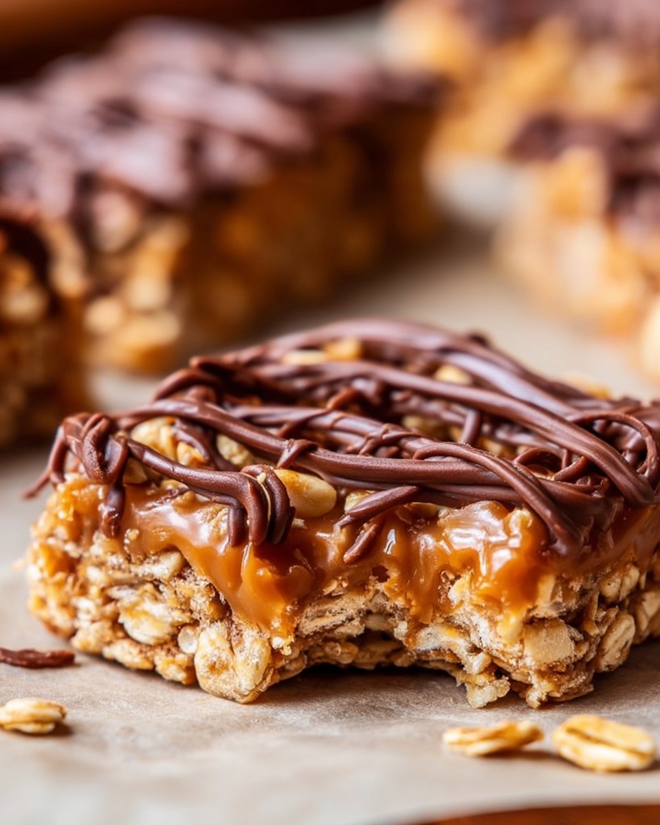 The image shows a close-up of a round cookie made of light tan oats that form the base layer, giving it a rough, chunky texture. On top, there is a smooth layer of golden caramel spread unevenly, with some parts thicker than others. Across the caramel, there are dark brown chocolate lines drizzled in long, thin, wavy strips, adding a shiny contrast. The cookie sits on a white marbled surface, with parts of other similar cookies slightly visible around the edges. photo taken with an iphone --ar 4:5 --v 7
