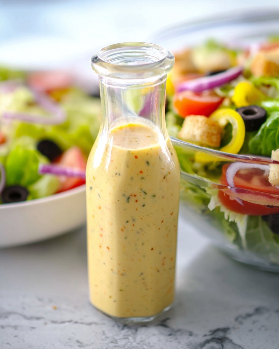 A clear glass bottle filled with a creamy yellow salad dressing speckled with small green and orange herbs and spices is centered in the image. Behind the bottle, slightly blurred but visible, are two white bowls with fresh salads. Each salad has layers including bright green lettuce, slices of red tomato, rings of purple onion, black olives, light yellow pepper slices, and small pieces of golden croutons. The setup rests on a white marbled surface. photo taken with an iphone --ar 4:5 --v 7