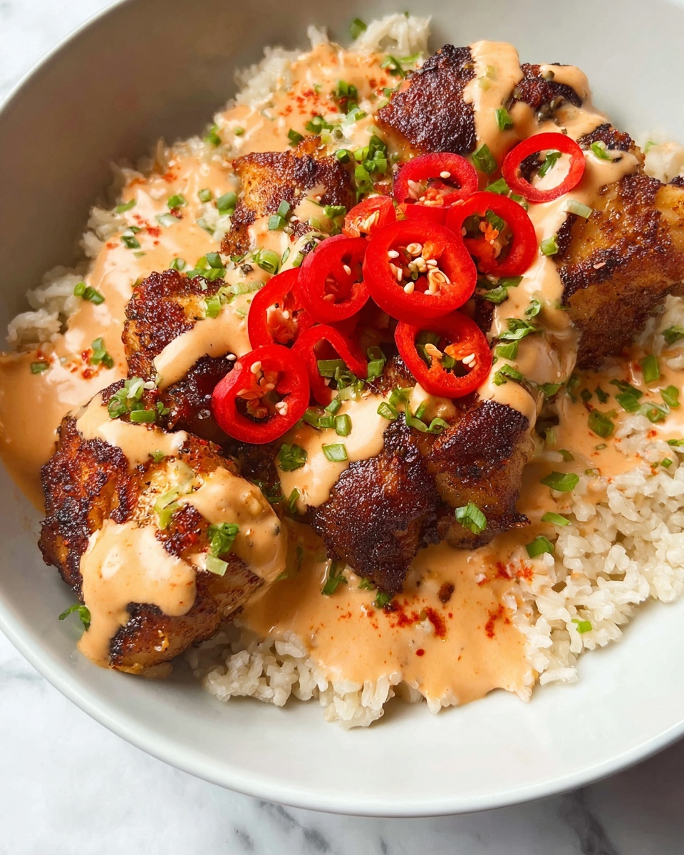 A close-up shows a piece of dark brown crispy cooked fish held by light wooden chopsticks, topped with a smooth orange sauce, a thin red chili slice, and small bright green herb pieces. Below, the fish sits on a bed of fluffy beige rice inside a white square bowl. More chunks of the same fish, each with the same sauce, chili slices, and green herbs, fill the bowl. The background is a white marbled surface. photo taken with an iphone --ar 4:5 --v 7