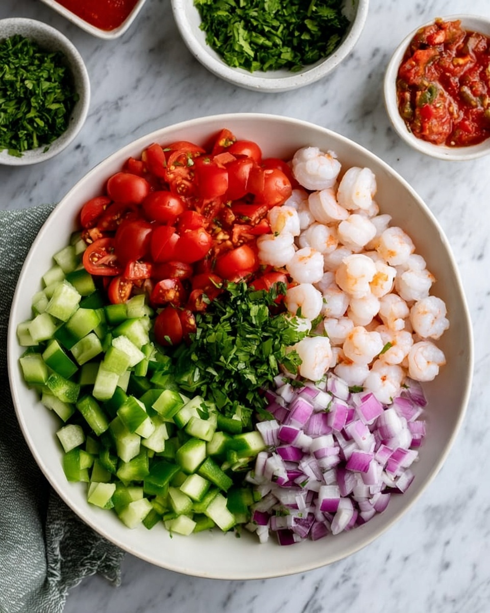 A white bowl sits on a white marbled surface, filled with six sections of fresh ingredients arranged neatly. One section holds small, round shrimp that are white with light pink edges. Next to it, bright green chopped cucumber pieces fill another section. A third section shows chopped cherry tomatoes in bright red with juicy texture, and next to that, finely chopped red onion pieces with a light purple color. Another part has chopped green bell pepper with a fresh, crunchy look, separated by a small bunch of chopped cilantro or parsley in the center. In the background, two small bowls hold green herbs and chunky red salsa. Photo taken with an iphone --ar 4:5 --v 7