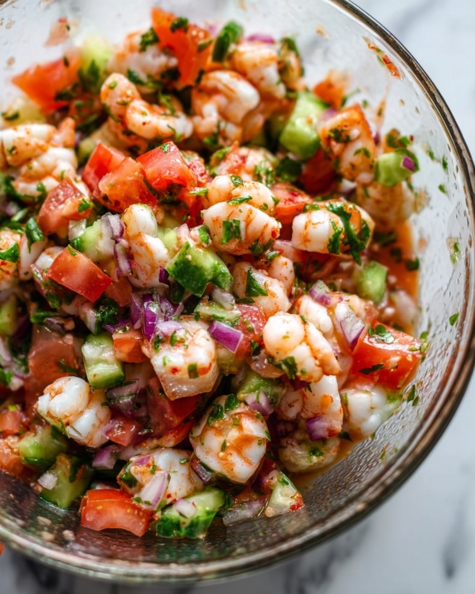 The image shows a close-up of a fresh shrimp salad inside a clear glass bowl set on a white marbled surface. The dish has three main layers mixed together: white and pink shrimp pieces with a firm texture, bright red chopped tomatoes, and small green cucumber chunks. There are tiny bits of finely chopped red onion and green herbs sprinkled throughout, adding flecks of purple and deeper green. The salad looks juicy with a light reddish sauce coating the shrimp and vegetables. A woman's hand is holding the edge of the bowl from the right side. Photo taken with an iphone --ar 4:5 --v 7