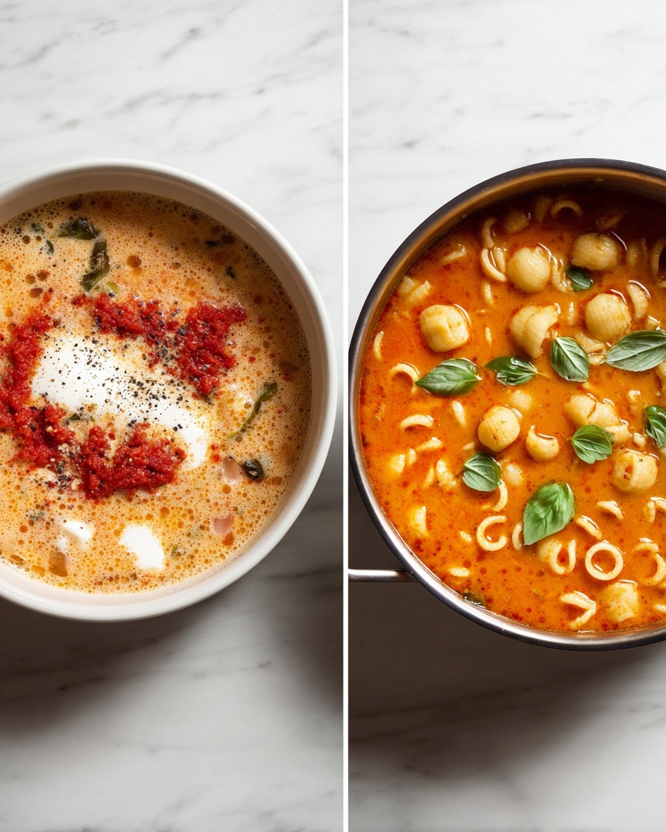 There are two round white bowls placed side by side on a white marbled surface. The left bowl shows a mix of light beige and red ingredients in a liquid form, with a dollop of white creamy texture and red paste on top, sprinkled with some black pepper. The right bowl contains orange-colored broth filled with small round pasta pieces, garnished with fresh green basil leaves scattered on top. The broth looks thick and smooth, and the pasta is evenly spread inside the bowl. Photo taken with an iphone --ar 4:5 --v 7