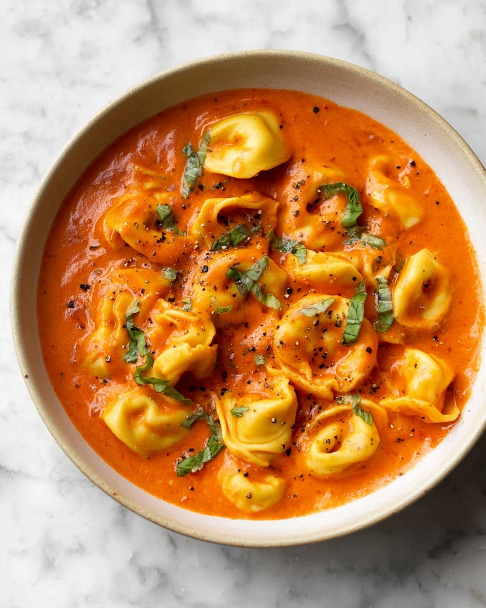 A shallow white bowl filled with about three layers of food, starting with small yellow tortellini pasta pieces that have smooth and slightly curved shapes across the dish. The pasta is covered by a thick, creamy tomato sauce layer that is bright orange-red in color with a smooth texture. Small pieces of green basil leaves are sprinkled on top, adding a fresh contrast. Tiny black pepper specks are scattered evenly over the sauce. The dish is placed on a white marbled surface. Photo taken with an iphone --ar 4:5 --v 7