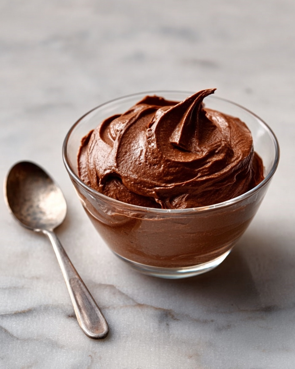 A clear glass bowl filled with a thick, smooth chocolate mousse that has a rich dark brown color and a glossy texture. The mousse is swirled on top with soft peaks and a creamy look. Next to the bowl, on a white marbled surface, there is a silver spoon with a simple round handle. photo taken with an iphone --ar 4:5 --v 7