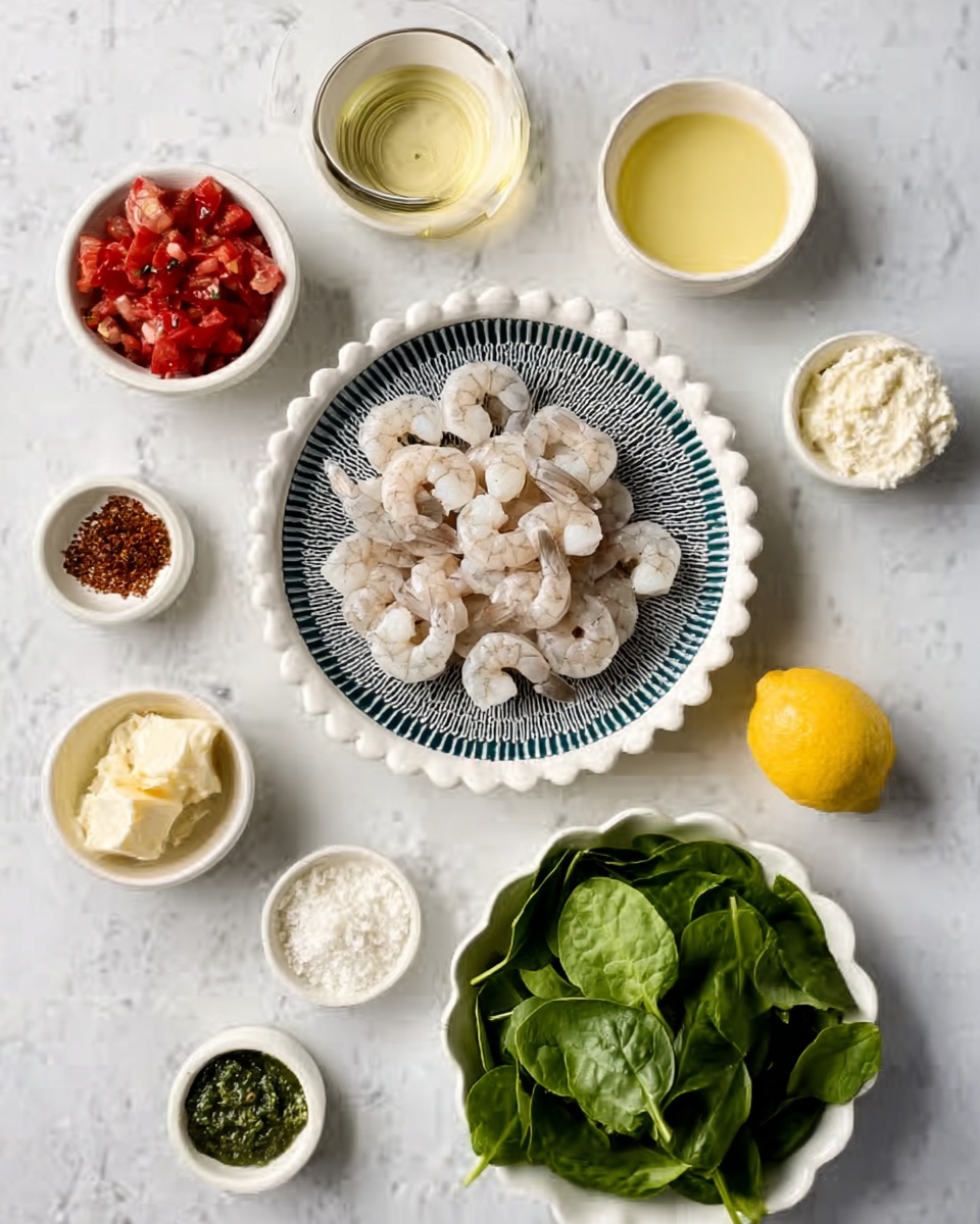 The image shows a white scalloped bowl with a dark blue rim filled with raw shrimp in the center, surrounded by small white bowls on a white marbled surface. There is a larger white bowl at the bottom right filled with fresh green spinach leaves and half a lemon on top. Around the shrimp bowl are six small bowls containing different ingredients: diced tomatoes with herbs on the top left, a pale yellow liquid at the top center, a light cream-colored liquid top right, a light crumbly white ingredient below that, a small block of butter left center, a small brown-red spice mixture bottom left, and a green herb sauce at the bottom left corner. The composition is neat and bright. photo taken with an iphone --ar 4:5 --v 7