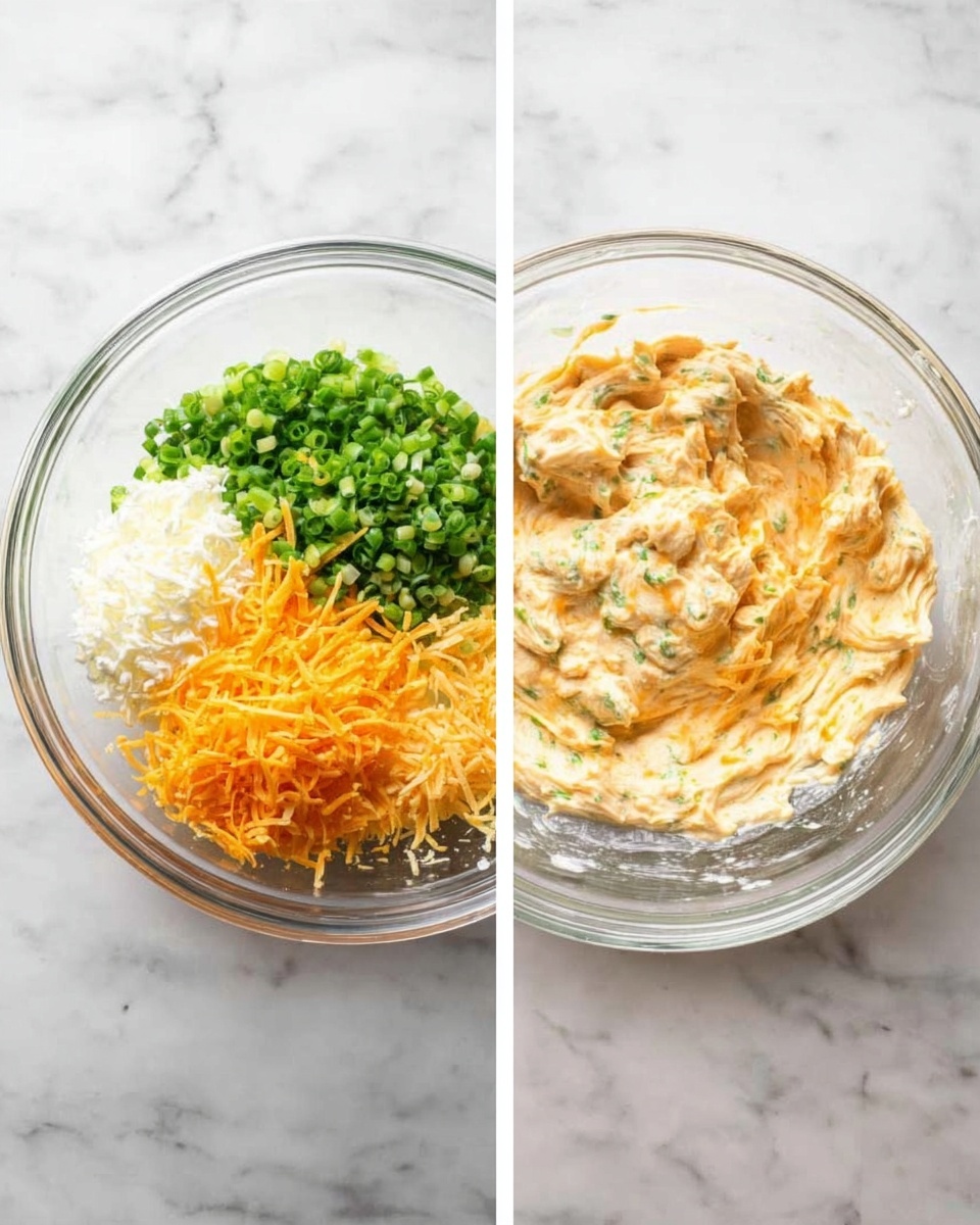 Two photos side by side show a clear glass bowl on a white marbled surface. The left photo has separated layers in the bowl: bright green chopped scallions on the left, creamy white mayonnaise in the middle, vibrant orange shredded cheese on the right, and some grated white cheese on the bottom right. In the right photo, all the ingredients are mixed into a thick, creamy, pale orange spread with small green flecks visible. Photo taken with an iphone --ar 4:5 --v 7