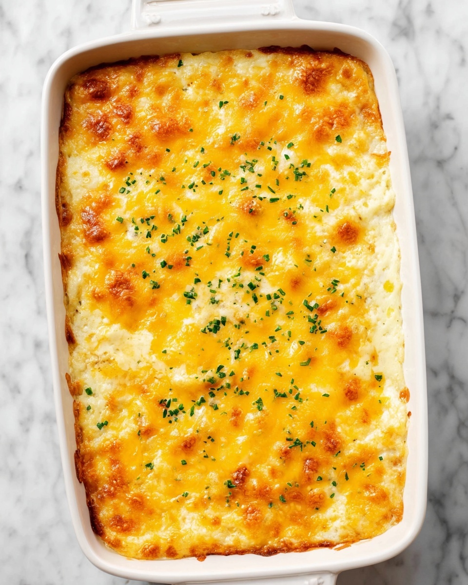 The image shows a white rectangular baking dish filled with a three-layer casserole. The bottom layer is creamy white, topped with a middle layer melted with light yellow and deeper golden yellow cheese that has a slightly bubbly texture. The top layer is a golden yellow melted cheese with some light brown spots, scattered with finely chopped green herbs. The dish is placed on a white marbled surface. photo taken with an iphone --ar 4:5 --v 7