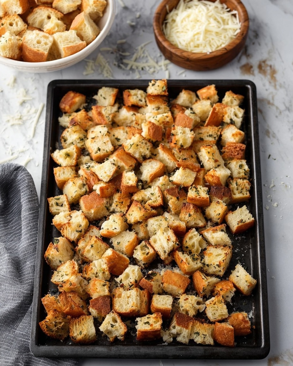 A black baking tray filled with many small golden-brown bread cubes that have a crispy texture with some green herbs sprinkled on top, placed on a white marbled surface. Above the tray, there is a white bowl with cubed bread and a small wooden bowl filled with white cheese shavings. The lighting is soft, making the bread cubes look warm and crunchy. Photo taken with an iphone --ar 4:5 --v 7