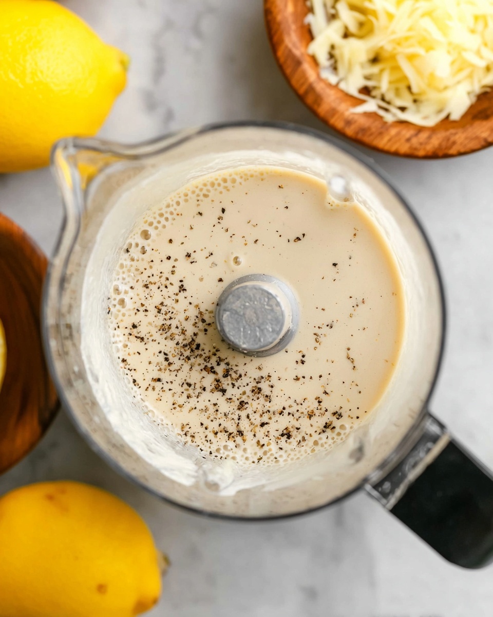 A close-up top view of a clear blender container filled with a smooth, light beige liquid with tiny bubbles on the surface. The liquid has black pepper sprinkled evenly on top. Inside the blender, a silver blade is visible under the liquid. Around the blender on a white marbled surface, there are two bright yellow lemons and a small wooden bowl filled with light yellow shaved pieces. photo taken with an iphone --ar 4:5 --v 7