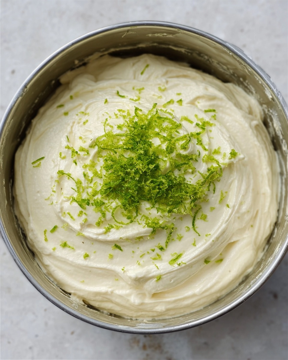 A metal bowl filled with a thick, creamy white mixture, topped with finely grated bright green lime zest in the center, sitting on a white marbled surface. The texture of the mixture looks smooth and fluffy, while the zest adds a fresh, colorful touch on top. photo taken with an iphone --ar 4:5 --v 7