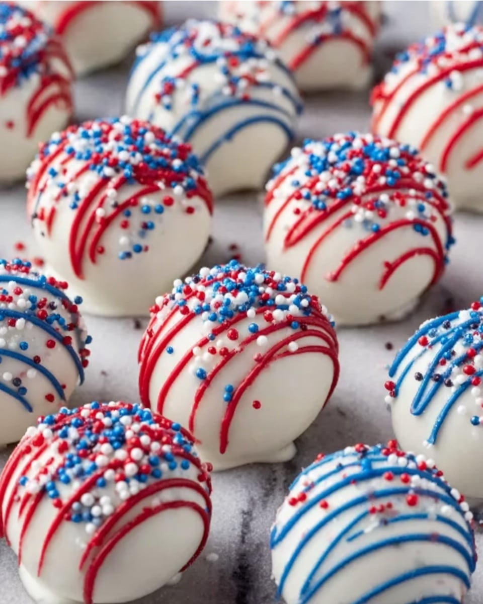 The image shows round white chocolate balls arranged closely on a white marbled surface. Some balls are decorated with thin red and blue stripes drizzled over them, while others are covered with red, blue, and white sprinkles on top. Each ball’s surface is smooth and glossy, and the colorful decorations add bright pops of red and blue against the white base. The balls are evenly spaced in several rows, creating a neat pattern. photo taken with an iphone --ar 4:5 --v 7