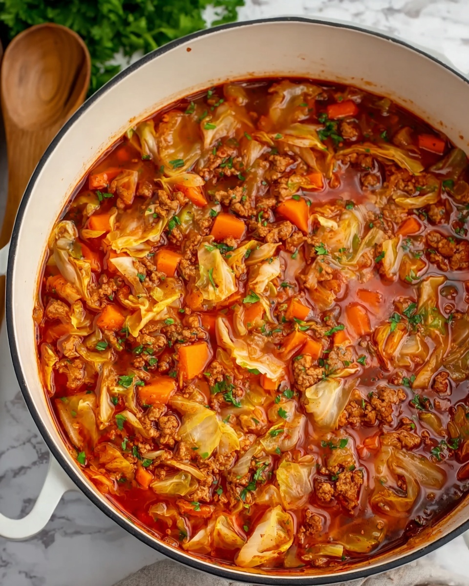 A large white pot filled with a thick soup showing several layers of ingredients. The base layer is a rich red broth, covering the bottom and filling most of the pot, with a glossy, oily texture. Floating inside the soup are many chunks of pale green cabbage pieces, some partially cooked and soft. Among the cabbage are bright orange cubes of carrot, adding a splash of color. Small bits of browned ground meat are scattered evenly over the surface, mixed well with the other ingredients. The top is sprinkled with tiny green herb pieces, likely parsley, giving a fresh touch to the warm colors below. The pot rests on a white marbled surface, with a wooden spoon and fresh green herbs blurred in the background. photo taken with an iphone --ar 4:5 --v 7