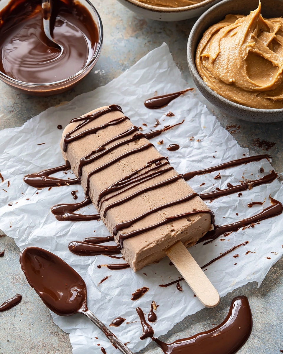 Several light brown chocolate popsicles with straight lines on each one are arranged on a white marbled surface. Each popsicle is drizzled with thin, dark chocolate sauce that forms irregular lines and small drops around them. Near the top left, a bowl holds a creamy, light brown spread with a rough texture. Next to the bowl, a spoon with creamy spread rests on the surface, showing the thick and slightly chunky texture. The overall scene is casual and inviting with the contrast between the light popsicles and dark chocolate sauce. photo taken with an iphone --ar 4:5 --v 7