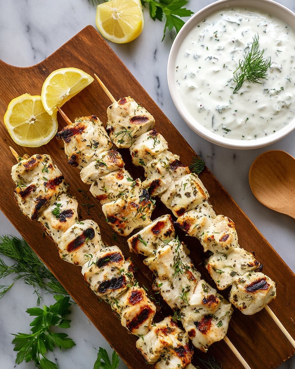 A white round plate holds two grilled chicken skewers with char marks on the meat, placed on the right side, next to two folded pieces of golden-brown pita bread on the left. At the top right of the plate is a small pile of Greek salad with tomato wedges, cucumber slices, purple onion shreds, green pepper pieces, dark olives, and crumbled white cheese. Lemon wedges are arranged at the bottom right edge of the plate. A green parsley sprig is placed under the skewers for garnish. The plate sits on a white marbled surface. Nearby, a white bowl of creamy hummus topped with a drizzle of olive oil and a sprinkle of parsley, and a smaller white bowl of thick yogurt sauce with green herb speckles are visible. Photo taken with an iphone --ar 4:5 --v 7
