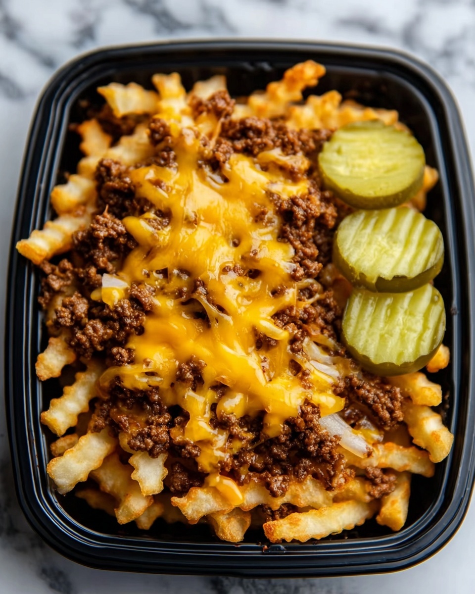 This image shows a black container filled with crispy golden criss-cross fries as the bottom layer. On top of the fries, there is a layer of cooked ground beef mixed with small bits of onions. Covering the beef layer is melted cheddar cheese that looks shiny and smooth. On the side of the container, three round, green pickle slices with ridged edges are placed neatly. The background is a white marbled surface. Photo taken with an iphone --ar 4:5 --v 7