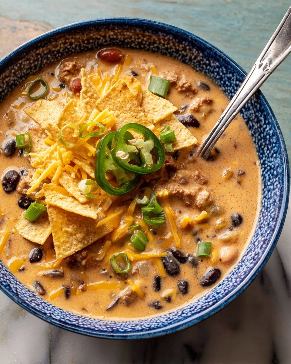 A blue-edged white bowl filled with creamy, light orange cheese soup mixed with black beans and small bits of meat. On top, there are thin orange cheese strips, broken yellow tortilla chips, slices of fresh green jalapeño, and small green onion pieces scattered around. A shiny silver spoon stands inside the bowl. The bowl sits on a white marbled surface with a few broken tortilla chips around it. Photo taken with an iphone --ar 4:5 --v 7