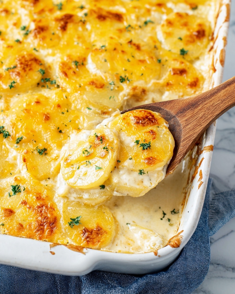 A white rectangular baking dish filled with a creamy, baked casserole showing three main layers: the bottom layer is soft, light yellow sliced potatoes neatly arranged, the middle layer is covered with a smooth white sauce, and the top layer is golden melted cheese with browned spots and small pieces of chopped green herbs scattered over it. The dish sits on a white marbled surface next to a blue cloth and a wooden spoon with some herbs on the side. Photo taken with an iphone --ar 4:5 --v 7
