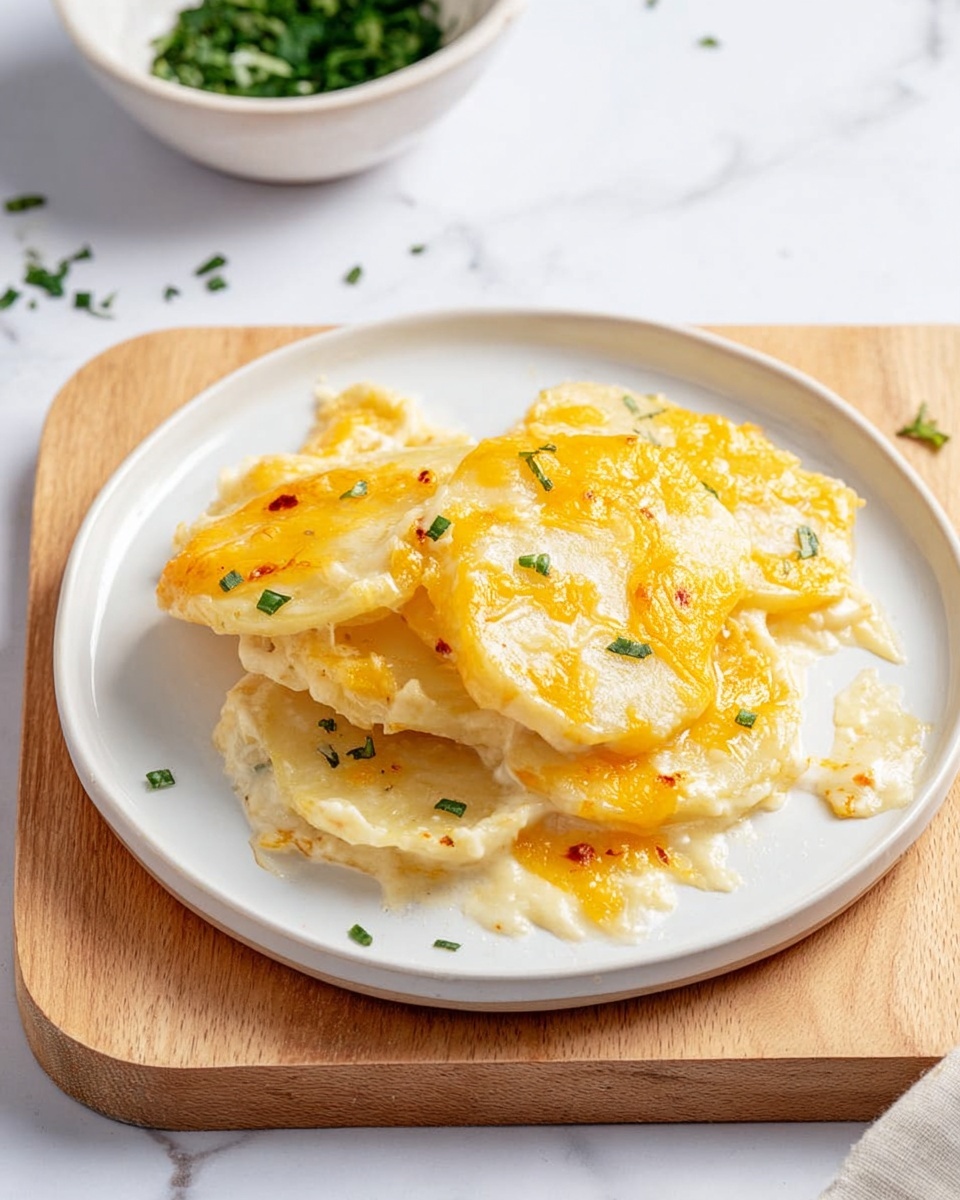 A white plate holds a serving of scalloped potatoes layered in creamy white sauce, with four distinct potato slices visible, each covered in melted golden-yellow cheese that has some lightly browned spots. Small bits of green garnish are sprinkled on top, adding color contrast. The plate rests on a light wooden board with a white marbled surface underneath, and a white bowl filled with chopped green herbs is partially visible in the background. photo taken with an iphone --ar 4:5 --v 7